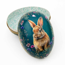 6" Bunny with Flowers on Teal Papier Mache Easter Egg Container ~ Germany